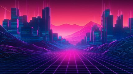 Synthwave retro cyberpunk style landscape background banner or wallpaper. Bright neon pink and purple colors.