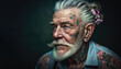 hipster chic portrait of heartcore old tattooed man in pastel colours on dark background,generative ai.