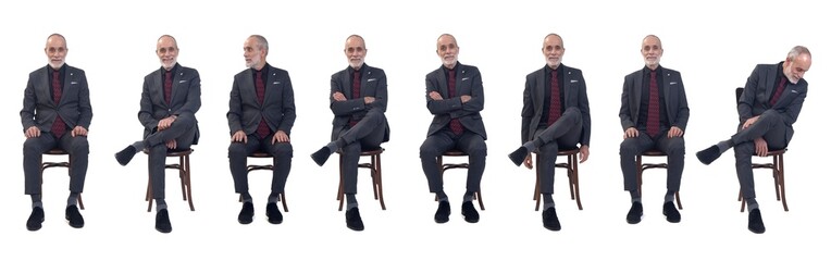 front view of the same man sitting cross-legged and uncrossed on white background