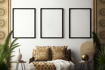 Mock up poster frame in modern interior background, living room, Boho style,. Three vertical frames on the wall. Generative AI