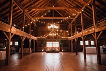 Rustic Barn Wedding Venue With Wooden Beams, String Lights, Vintage Decor, And A Cozy Fireplace, Evoking A Warm And Charming Ambiance For A Country-themed Wedding - Generative AI