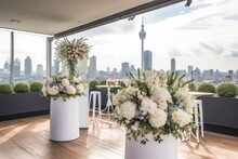 Hic Rooftop Wedding Venue With Panoramic City Views, Trendy Lounge Seating, Modern Decor, And A Stylish Bar, Offering A Trendy Urban Setting For Sophisticated City Wedding Celebration - Generative AI