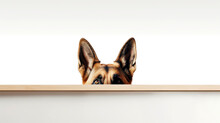 German Shepherd Dog Peeking Out From Behind A White Table, On White Background With Copyspace.