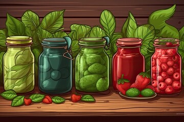 Sticker - Fresh juice and smoothies with berries, fruits, and green spinach on a wooden backdrop. Generative AI