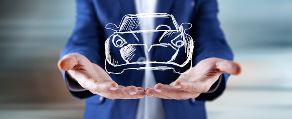 Wall Mural - Man hand modern digital tablet with car