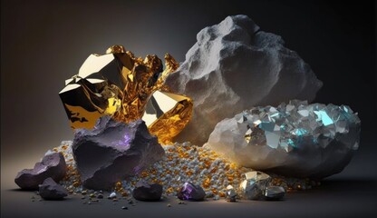 Wall Mural - deposits of crystalline platinum and gold ore in a nugget. Precious minerals of different types and textures. Created with AI.