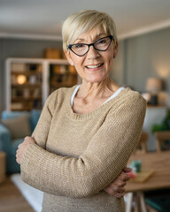 Close up portrait of one senior woman with short hair happy smile