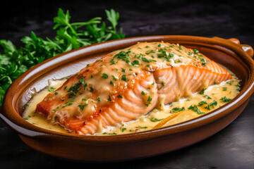 Baked salmon with cream sauce and parsley on a dark background