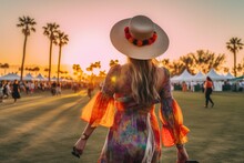 Vibrant And Bohemian-inspired Coachella Festival Outfit View From The Back, Featuring A Flowy Maxi Dress, Fringe Accessories, A Wide-brimmed Hat, Music Festival - Generative AI
