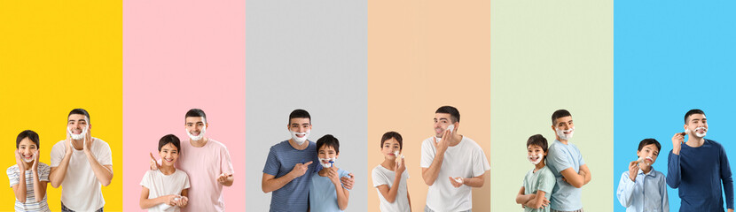 Poster - Set of father and his little son shaving against color background