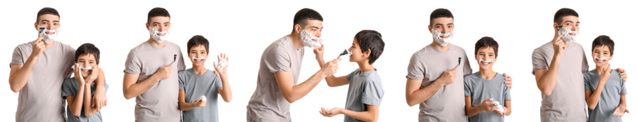 Poster - Set of father and his little son shaving against white background