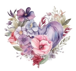 Canvas Print - Watercolor heart with flowers. Illustration AI Generative.