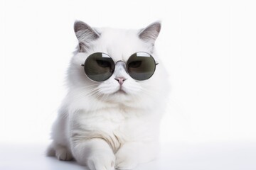 A cool white cat wearing black sunglasses on a white background created with generative AI technology.