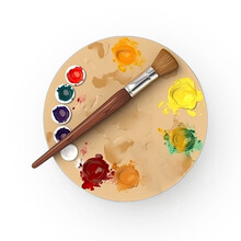 Wooden Art Palette With Paint And A Brush On White Background. Generative AI