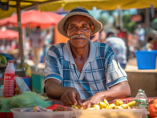 Canvas Print - Street trading. A man sitting at a table with a bowl of fruit. AI generative image.