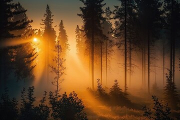 Sticker - forest with misty morning sunrise, the sun peeking over the horizon, created with generative ai