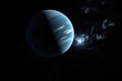a view of a distant exoplanet, with its blue atmosphere and white clouds visible, created with generative ai