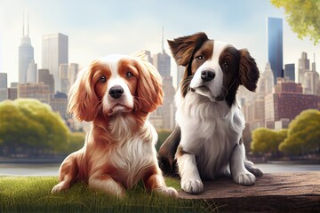 Wall Mural - two cute dogs playing in park, with view of the city skyline in the background, created with generative ai