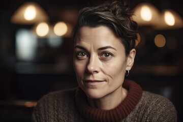 Portrait of a beautiful woman in a cafe, looking at camera