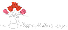 Red Tulips In A Flowerpot In One Line On A White Background. Vector Card With Minimalistic Flowers For Mother's Day. Stock Illustration In Vertical Banner Size.