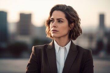 Sticker - Portrait of a beautiful young business woman in a suit outdoors.