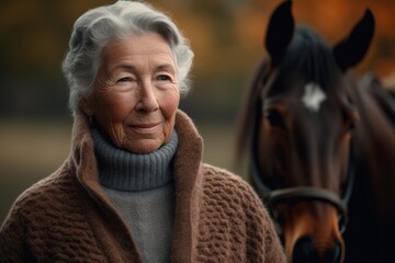 Portrait of a beautiful senior woman with her horses at autumn park