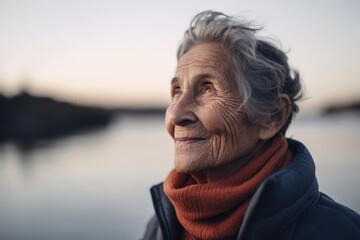 Sticker - Portrait of a senior woman standing by the river at sunset.