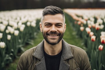 Poster - Studio portrait photography of a grinning man in his 30s wearing a cozy sweater against a flower field or tulip field background. Generative AI