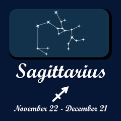 Vector graphic design for the zodiac sign for Sagittarius the archer. Ruling planet: Jupiter. Sagittarius traits: optimistic, adventurous, curious,  honest, philosophical, loves travel and learning.
