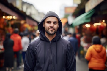 Portrait of a young man in a hood at a street market