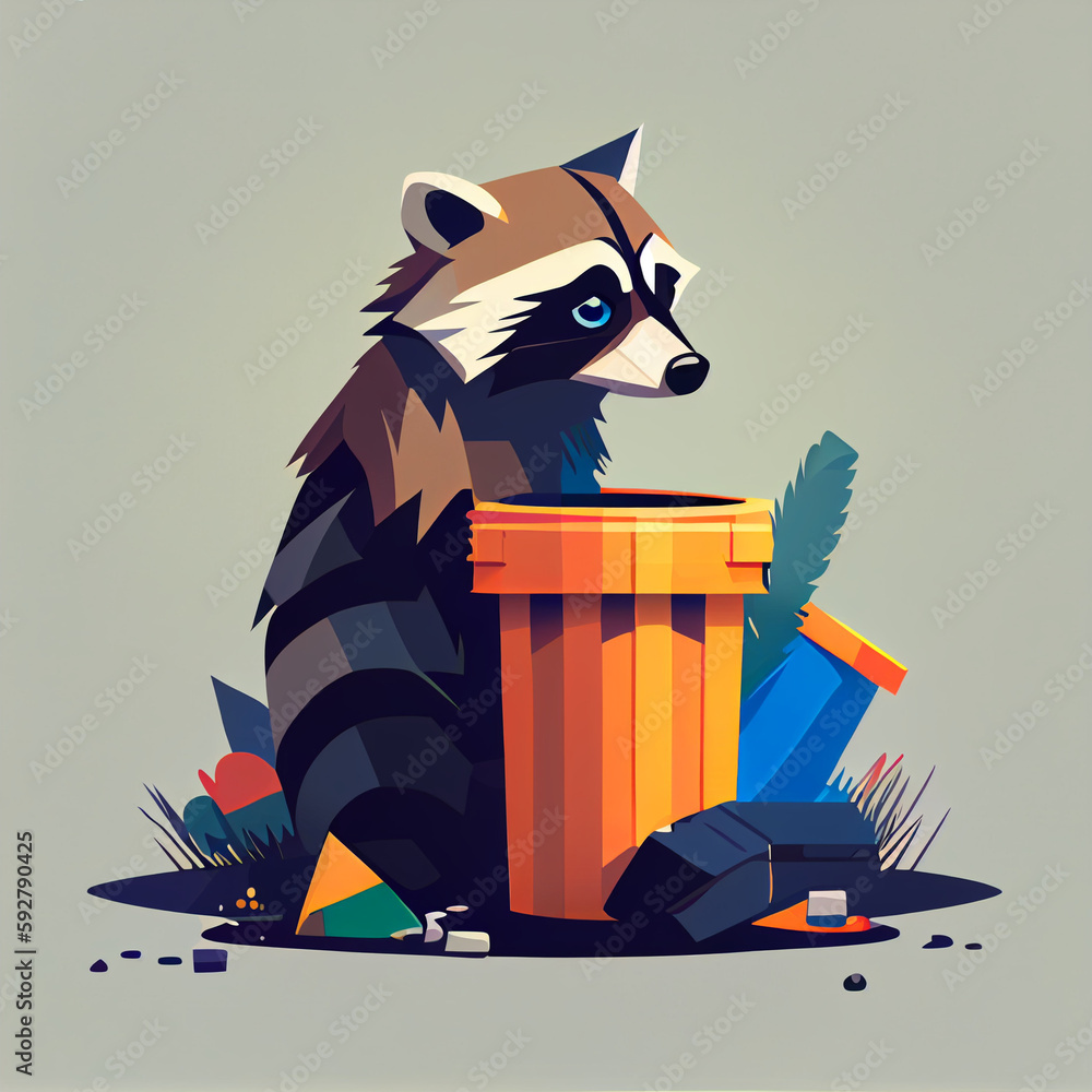 Trash Rummaging Racoon a raccoon rummaging through a trash can, vector illustration, flat ...