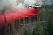 A giant firefighting air tanker plane flying low and releasing a massive deluge of fire retardant chemicals onto the burning forest. Generative AI.