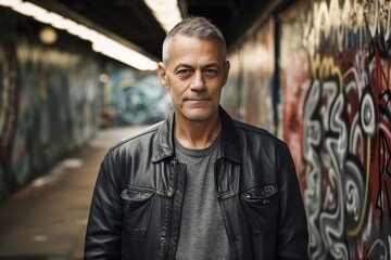 Wall Mural - Lifestyle portrait photography of a tender man in his 50s wearing a denim jacket against a graffiti tunnel or underpass background. Generative AI