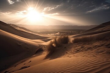 Wall Mural - majestic dunes with sunrays shining through the clouds, created with generative ai