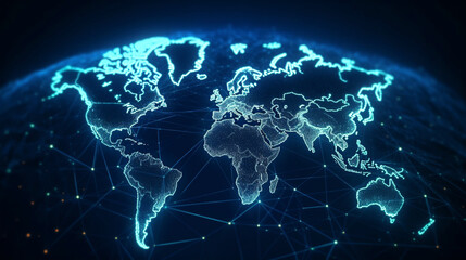 Abstract graphic world map illustration on blue background, big data and networking concept Generative AI