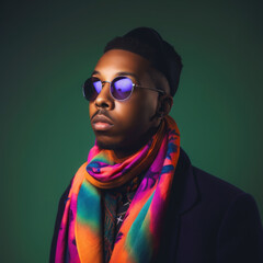 Retro 80s Studio Portrait of Stylish African American Man with Vibrant Lights - Created with Generative AI and Other Techniques