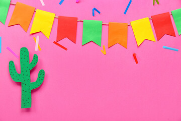 Poster - Mexican flags with paper cacti and confetti on pink background