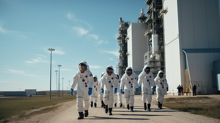 Canvas Print - a group of astronauts in white space suits walking down a dirt road. ai generative image