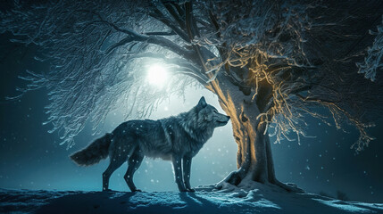 Wall Mural - A wolf standing in the snow next to a tree. AI generative image