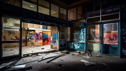 A run down building with broken windows and graffiti on the walls. AI generative image