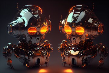 Wall Mural - close-up of two high-tech robots with glowing eyes and metallic features facing off, created with generative ai