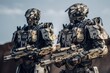 © c80 - Soldier in combat gear or a robot with artificial intelligence, combat suit, war zone and war weapon, fictional location, Generative AI