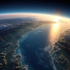 Sticker - Earth's curvature. From space, an aerial picture of the blue world. Sunrise over the globe's land and sea. generative ai