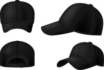 Set of black baseball caps isolated on white background. Vector illustration.