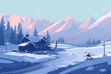 Sticker - winter scene with a cozy house and skis in the foreground. Generative AI