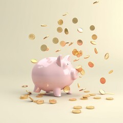 Wall Mural - Pink piggy bank and US dollar coins falling on blue background for saving money. generative ai