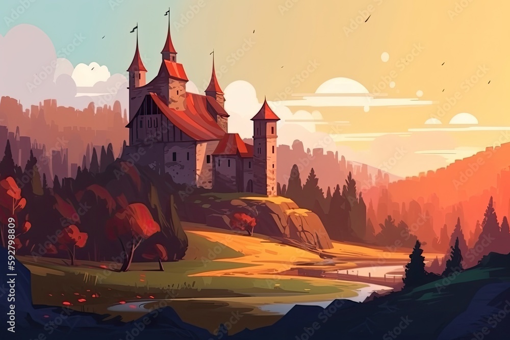 medieval castle standing in the midst of a dense forest surrounded by ...