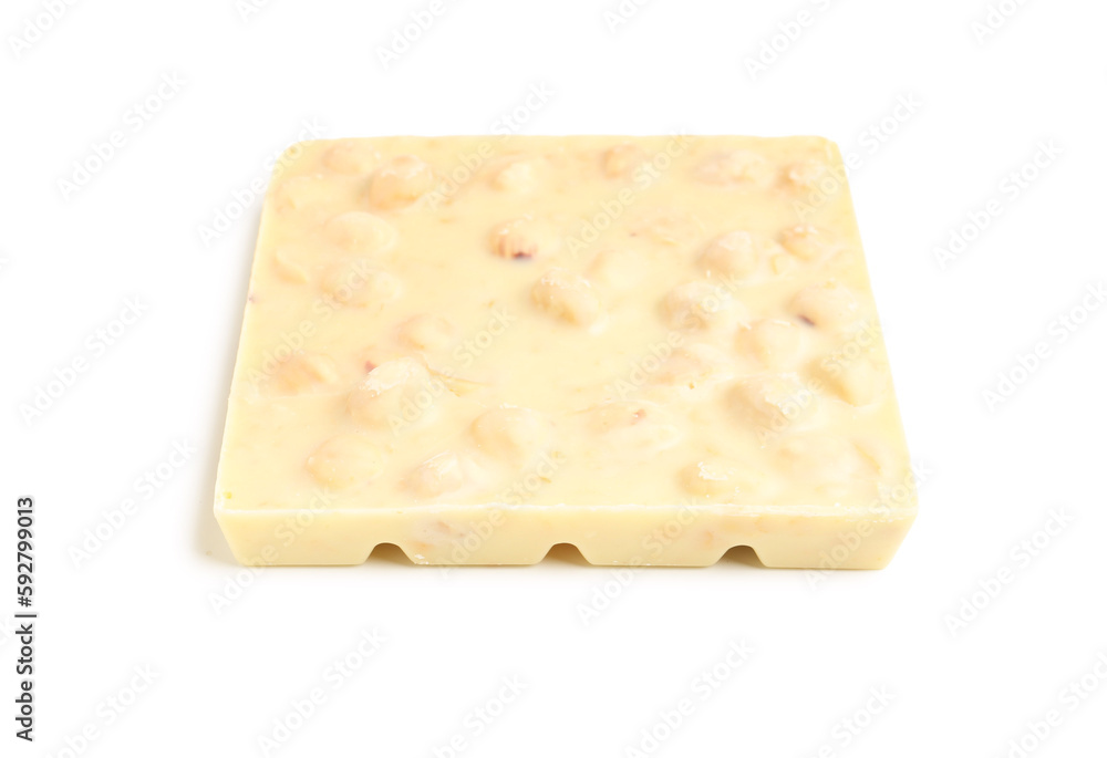 Sweet tasty chocolate with nuts on  white background