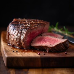 Meat grilled. Meat that has been freshly grilled. Medium rare grilled beef steak on a wooden cutting board with vegetables. Medium Rare Steak ribeye on a wooden board. generative ai