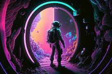 Illustration Of An Astronaut In Spacesuit Entering A Future Portal